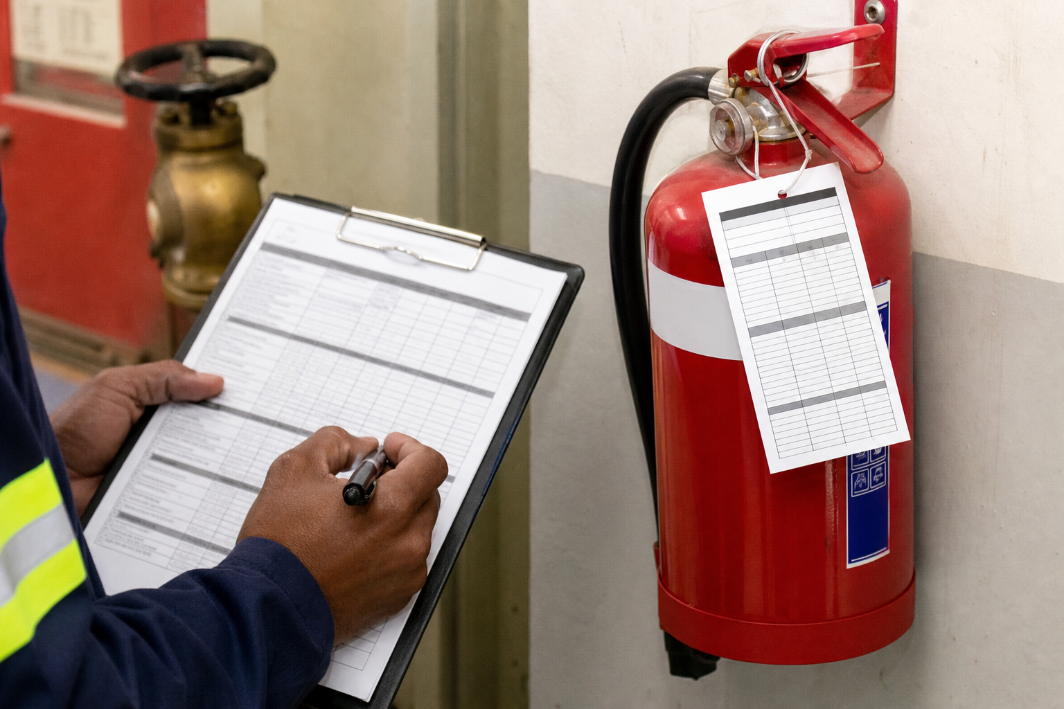 Fire extinguisher service tag and inspection documentation during equipment testing