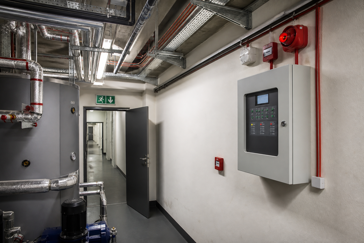 Fire alarm panel, sounder strobes and addressable detectors in a commercial corridor