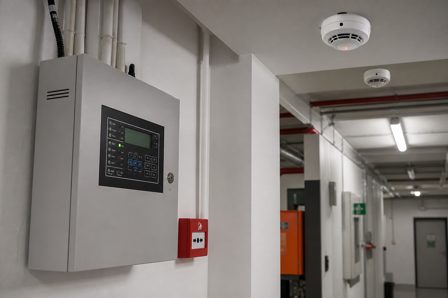Fire alarm control panel, smoke detectors and a manual call point in a commercial plant corridor