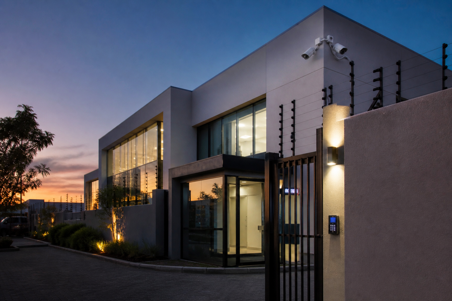 Commercial building at dusk with CCTV, access-controlled entrance and perimeter protection