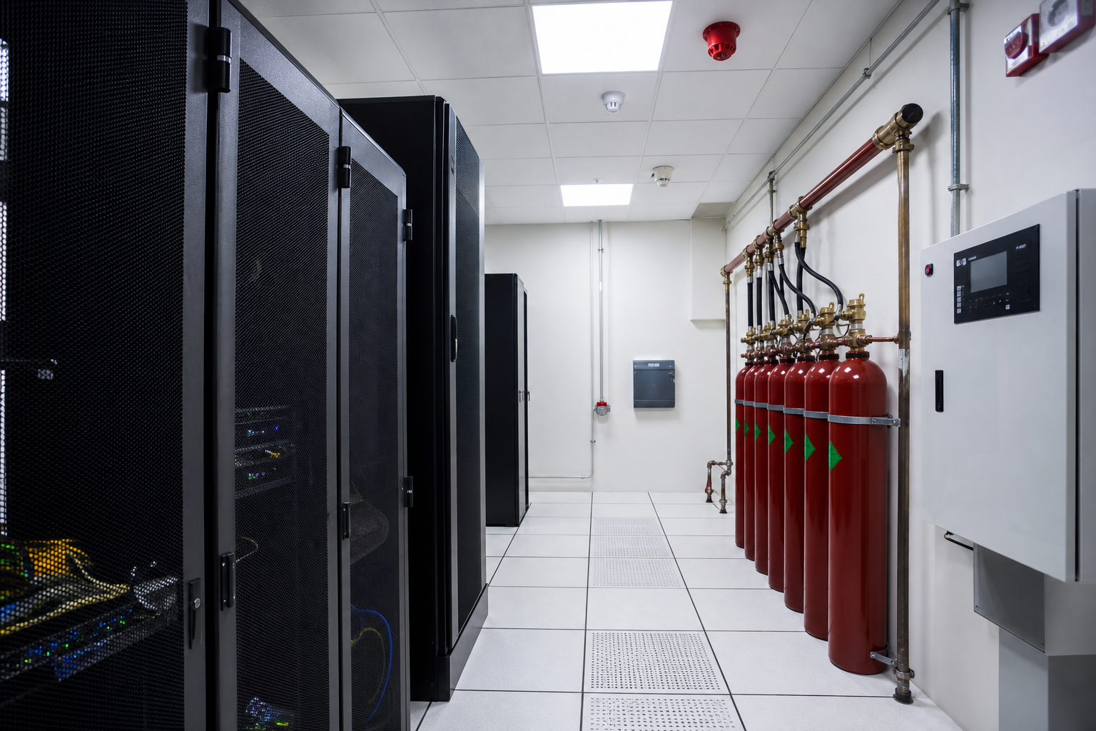 Server room with clean-agent gas suppression cylinders and detection