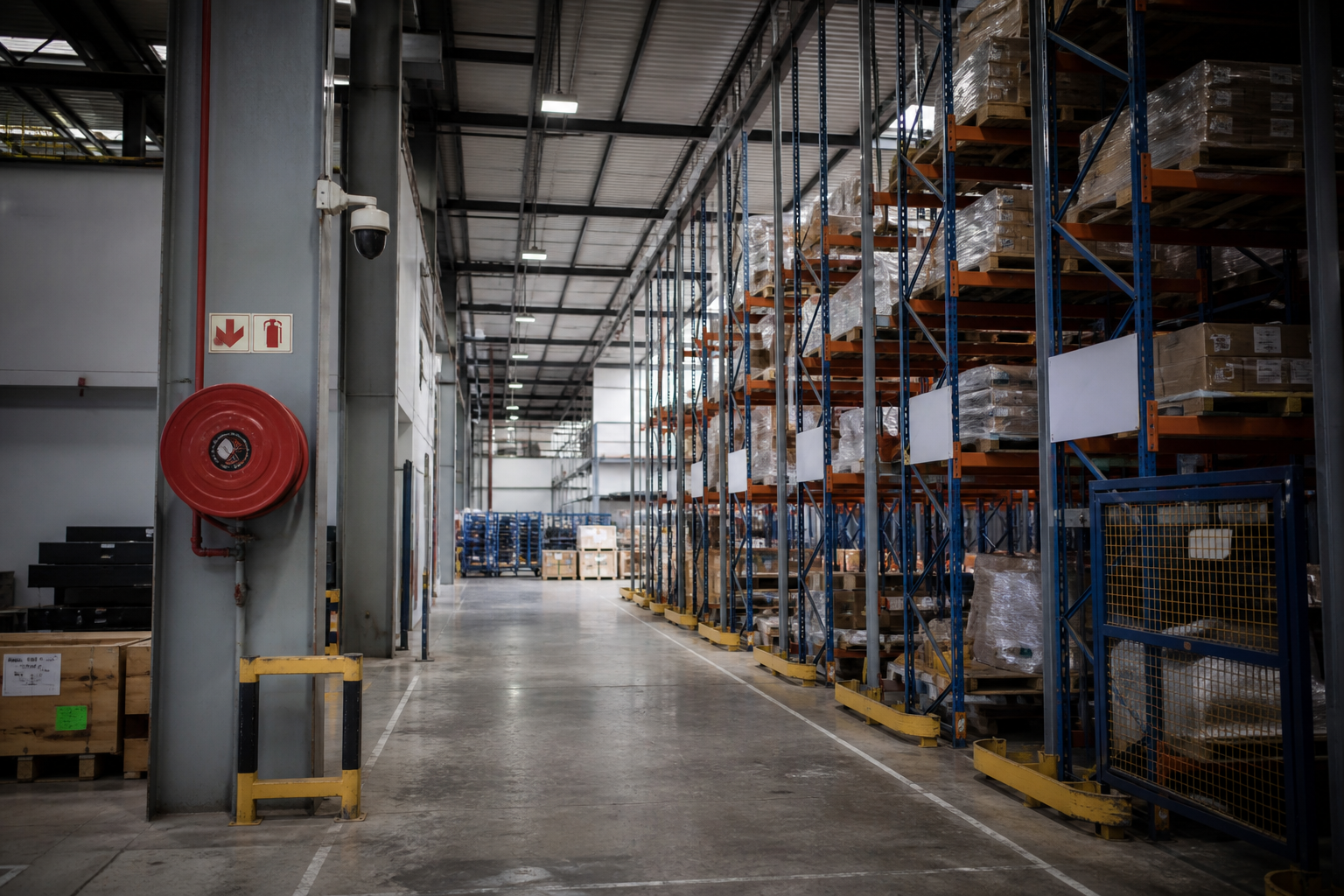 Industrial warehouse interior with fire and security infrastructure