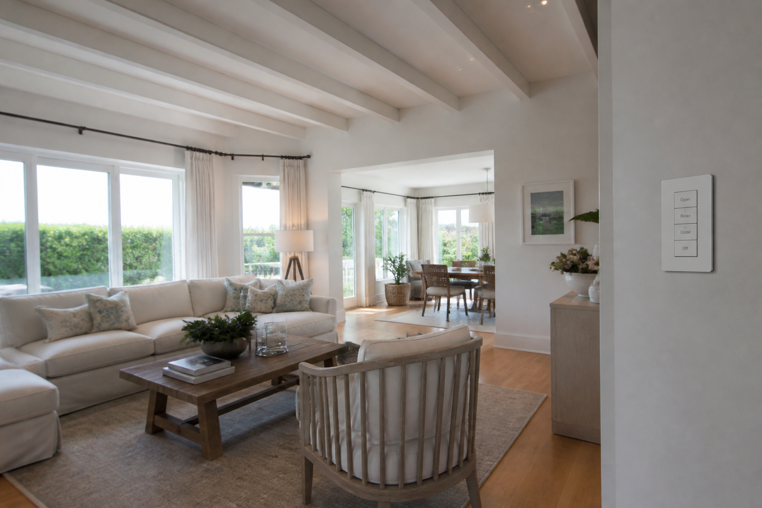 Contemporary living space with integrated lighting and building controls