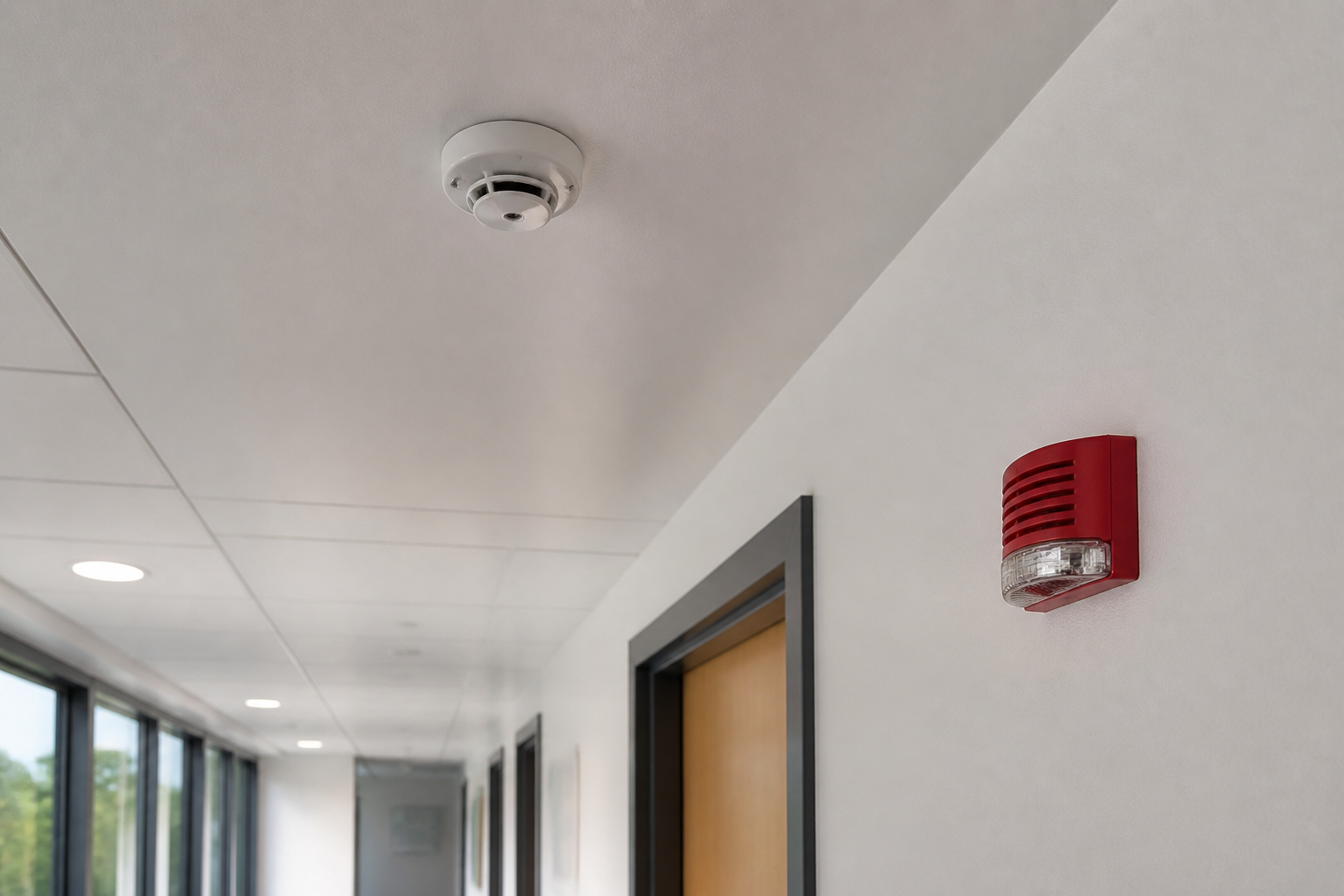 Technician servicing a fire alarm sounder in an office corridor
